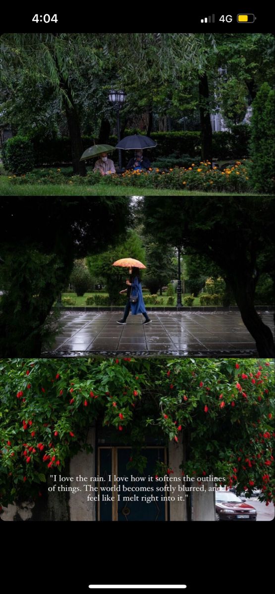 three different shots of people walking in the rain with umbrellas