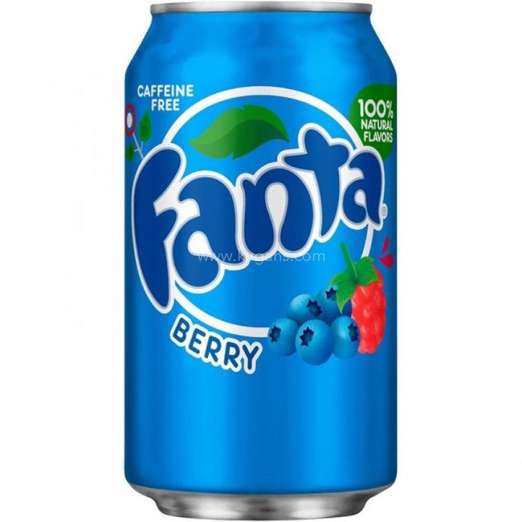 the can of fanta berry soda is in front of a white background with blueberries and raspberries on it