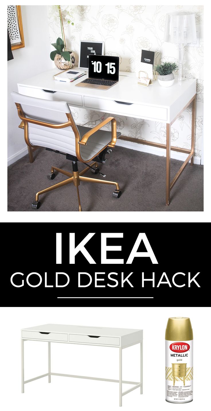 an ikea desk with gold and white furniture