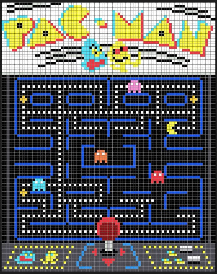 an old video game poster with pacman and other characters on the screen, all in different colors