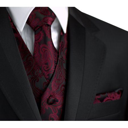 Italian Design, Men's Tuxedo Vest, Tie & Hankie Set in Berry Paisley Best Tuxedo, Cool Tuxedos, Maroon Suit, Wedding Tux, Mens Wedding Attire, Formal Tuxedo, Tuxedo Vest, Goth Wedding, Dark Wedding