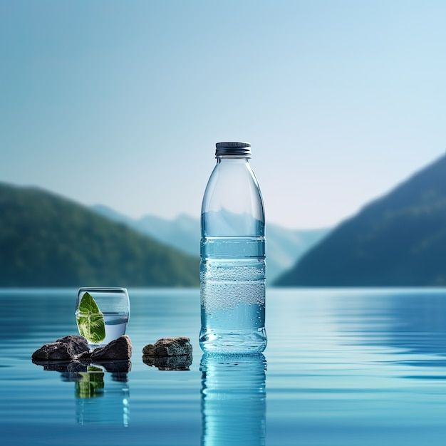 a bottle of water with a lime slice next to it and rocks in the water