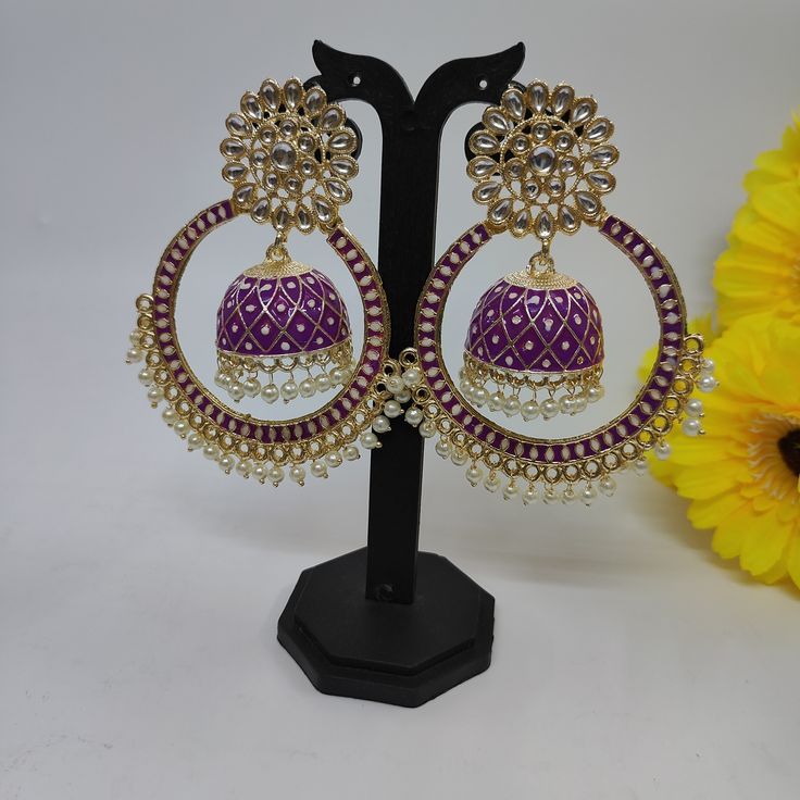 This is Meenakari Earring, Purple and white contemporary jhumkas, gold-plated, has artificial stones this is a very beautiful Earring. Purple Jhumka, Jhumkas Gold, Jewellery For Wedding, Jewellery Board, Fancy Jewellery Designs, Artificial Stone, Crafts Room, Diy Crafts Room Decor, Fancy Jewellery