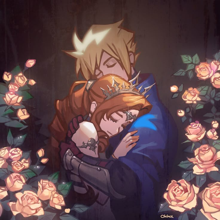 two people hugging each other in front of roses