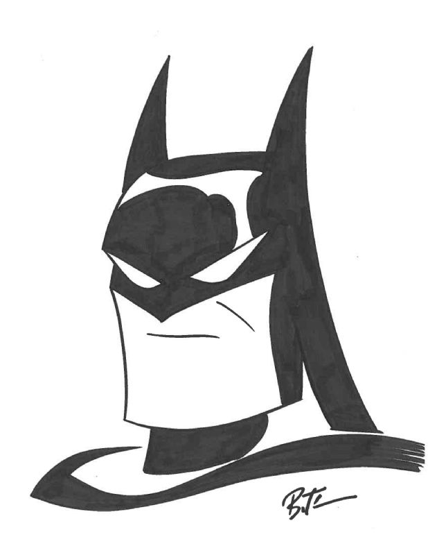 a black and white drawing of the batman character with his head tilted to the side