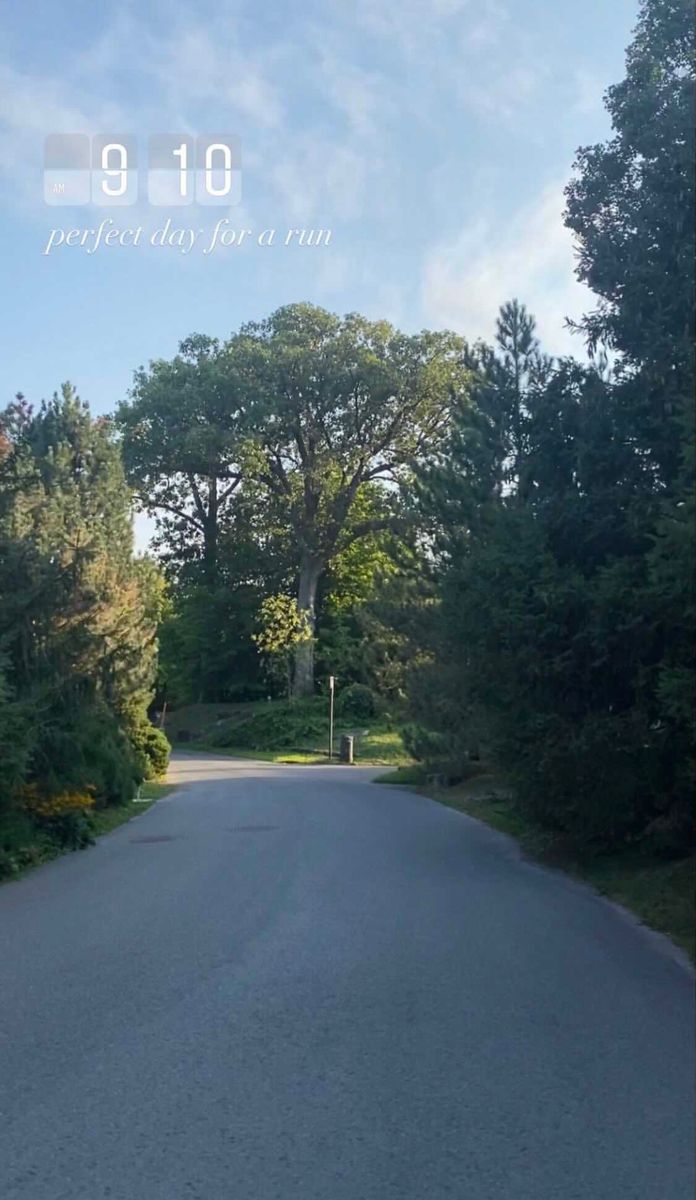 an empty road with trees on both sides and the words 9 10 written above it