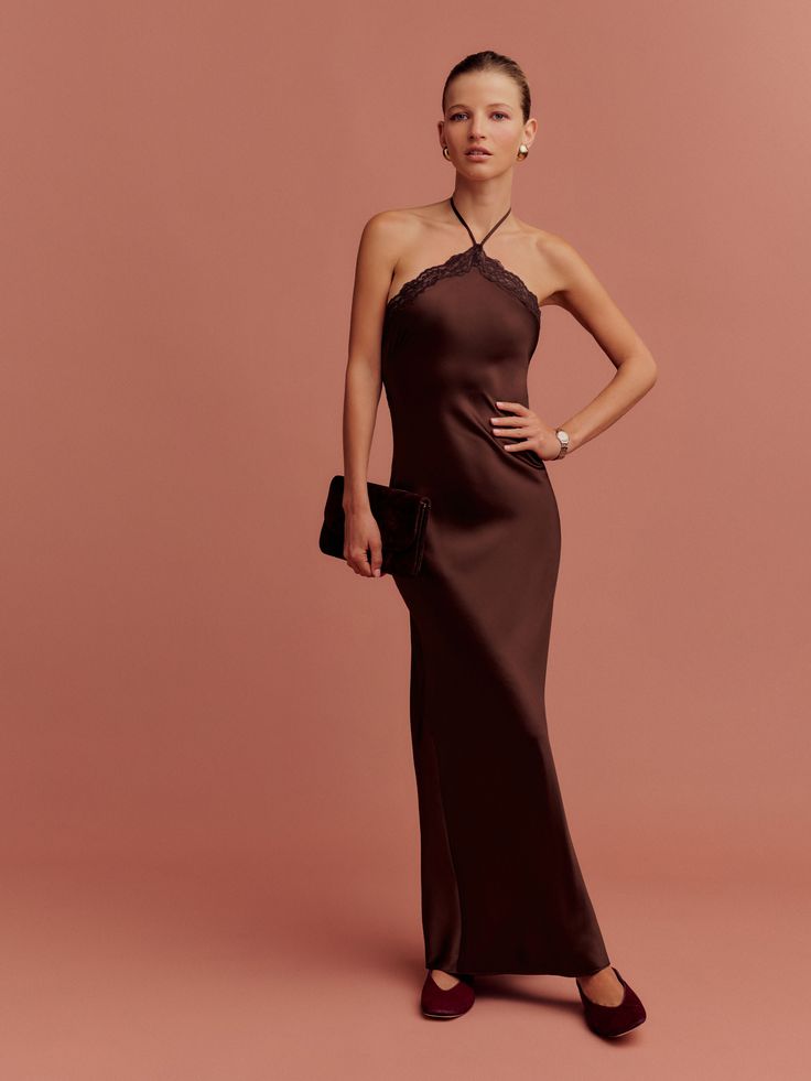 How fancy. Shop the Aara Silk Dress from Reformation, a midi dress with a halter neckline and lace detailing. Fancy Shop, Charmeuse Fabric, Work Wear Outfits, Wedding Guest Looks, Reformation Dress, V Neck Midi Dress, Swimwear Dress, Brown Silk, Vintage Inspired Dresses