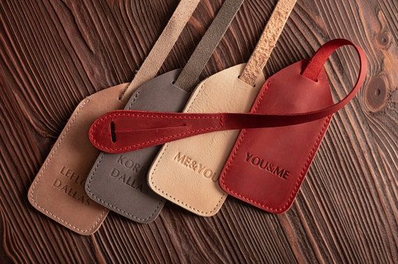 Leather suitcase tag with personalization Leather Luggage Tag Pattern, Luggage Tag Leather, Leather Travel Accessories, Suitcase Tags, Leather Luggage Tag, Leather Suitcase, Custom Luggage, Landscape Orientation, Custom Luggage Tags