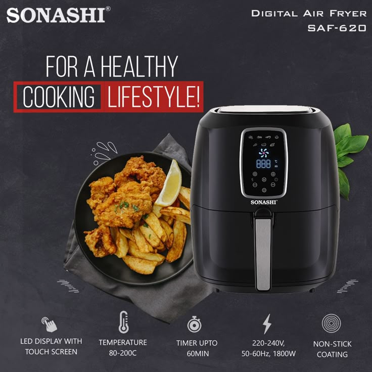 an advertisement for the sonashi air fryer