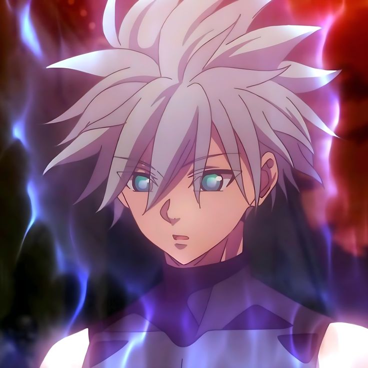 an anime character with white hair and blue eyes in front of a red light background