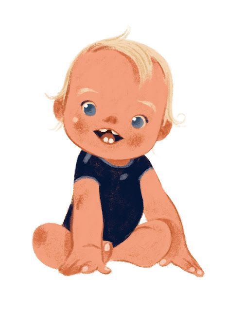 a drawing of a baby with blue eyes and blonde hair sitting on the ground, smiling