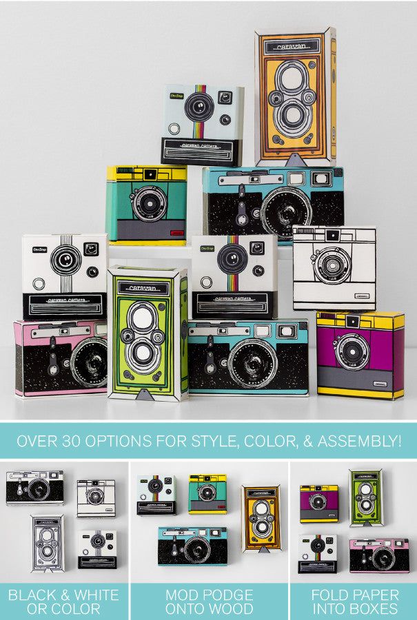 an advertisement with different types of cameras on it's sides and the words, over 30 options for style, color & assembly