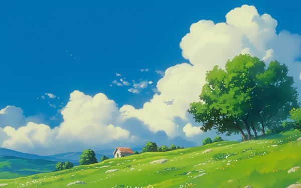 an anime scene with green grass and trees