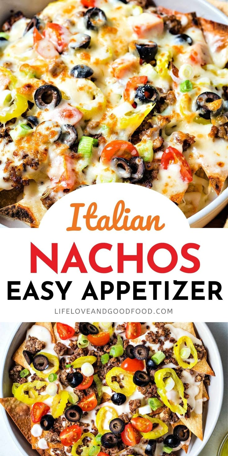 an easy appetizer made with italian nachos and olives in a casserole dish