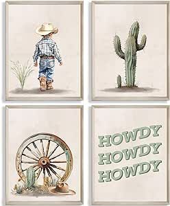 four pictures with cactus, wheel and cowboy's outfit on them are shown in three different frames