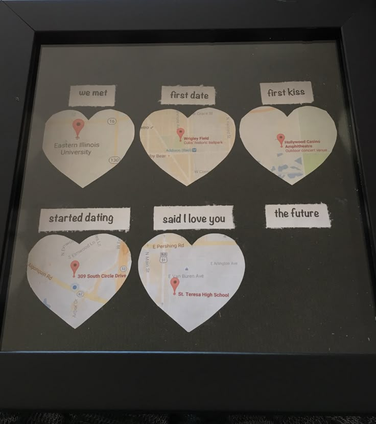 a shadow frame with paper cut out of hearts and the words first date, third love, third true