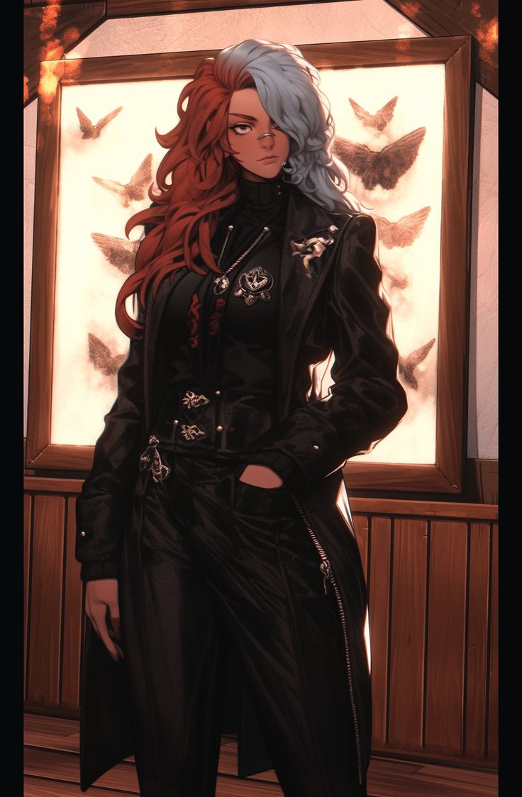 a woman with long red hair standing in front of a window and wearing black clothing