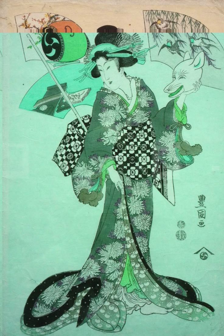 Japanese Woodblock. Geisha holding Kitsune, or Fox mask - often found in Japanese folklore. On the favorable side, the Fox is believed to be the messenger of the God of Rice, while on the darker side, Foxes are said to have the ability to take the shape of humans, and trick and deceive them. The Fox is also said to possess Infinite Vision, an All-Hearing Ear, and the secrets of the souls of others. He is also said to have full knowledge of the Universal Past and Present. Geisha Drawing, Japanese Traditional Art, Kimono Art, East Asian Art, Japanese Paintings, Beautiful Kimono, Geisha Art, Japanese Woodblock Print, Japanese Art Prints