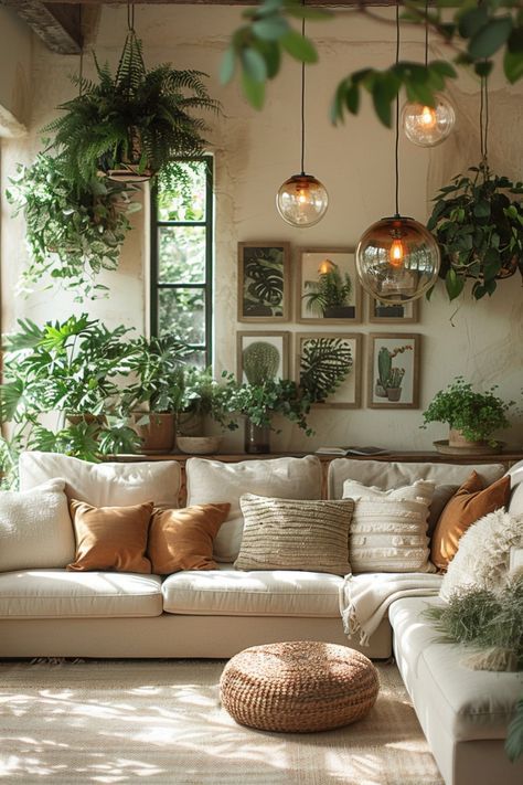 a living room filled with lots of furniture and plants on the wall above it's windows