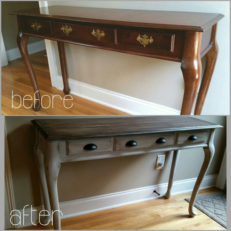 before and after photos of an antique console table