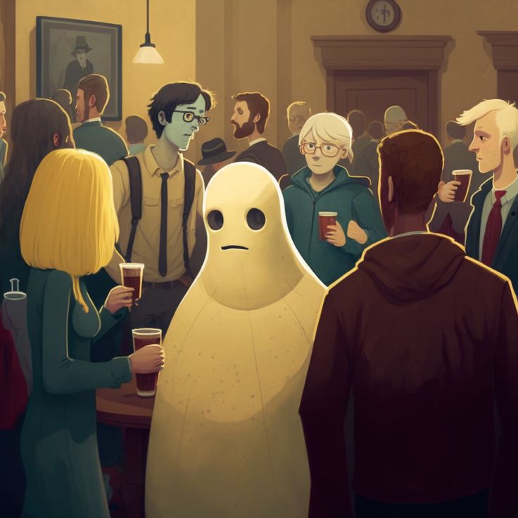 a group of people standing around each other in front of a white ghost holding a drink