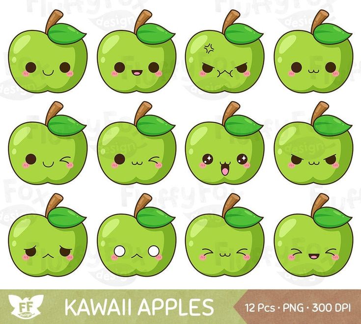 kawaia apples with different expressions clipart for commercial use in adobe, eps and png formats