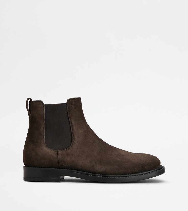 Ankle boots in rich suede with a stamped Tod's monogram, side elastic inserts and a rubber outsole with embossed rubber pebbles. Brown Ankle Boots, Ankle Boots, Monogram, Elastic, Boots