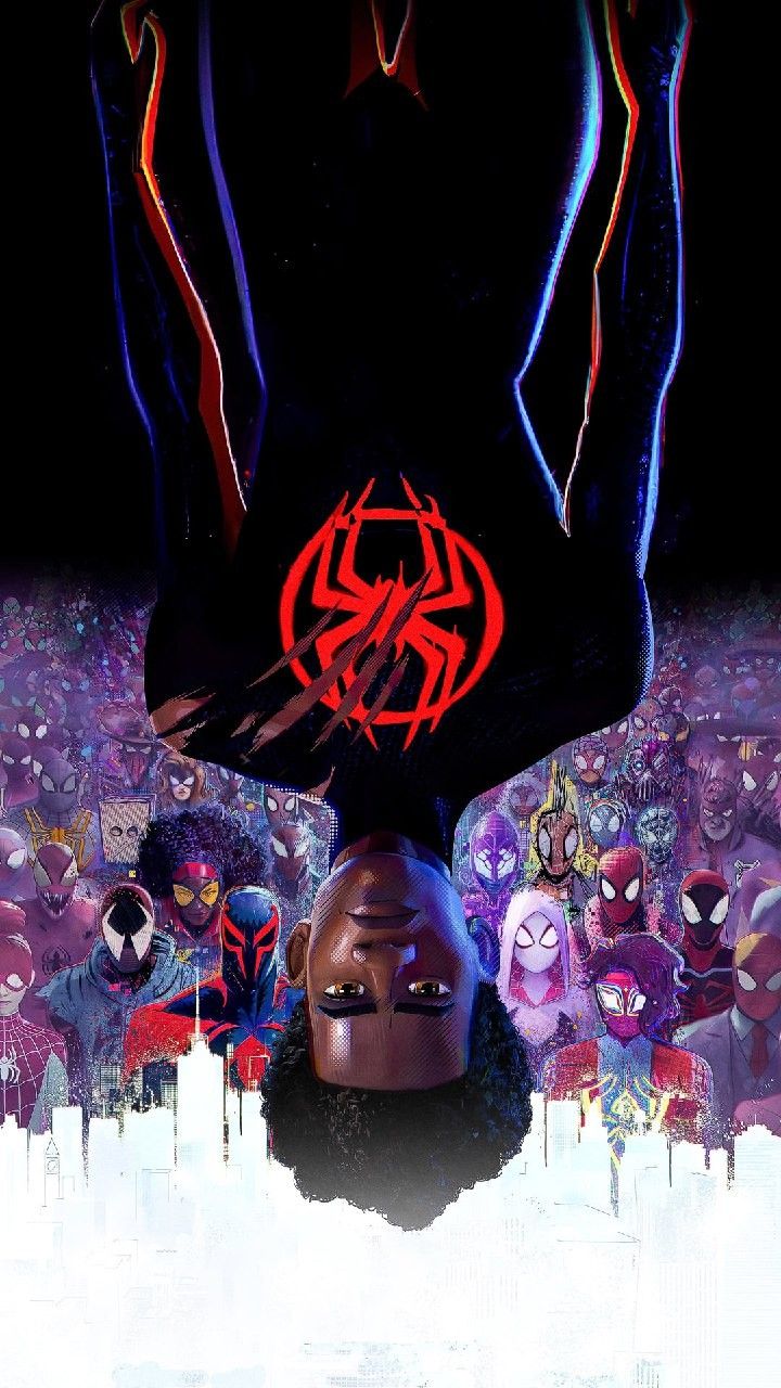 the poster for spider - man into the spider verse is shown in red and black