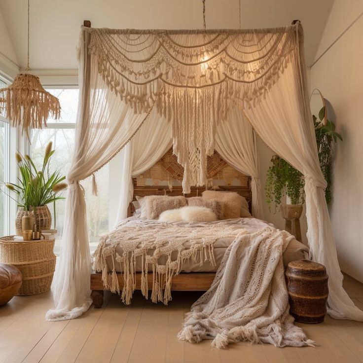 a canopy bed with white curtains and pillows