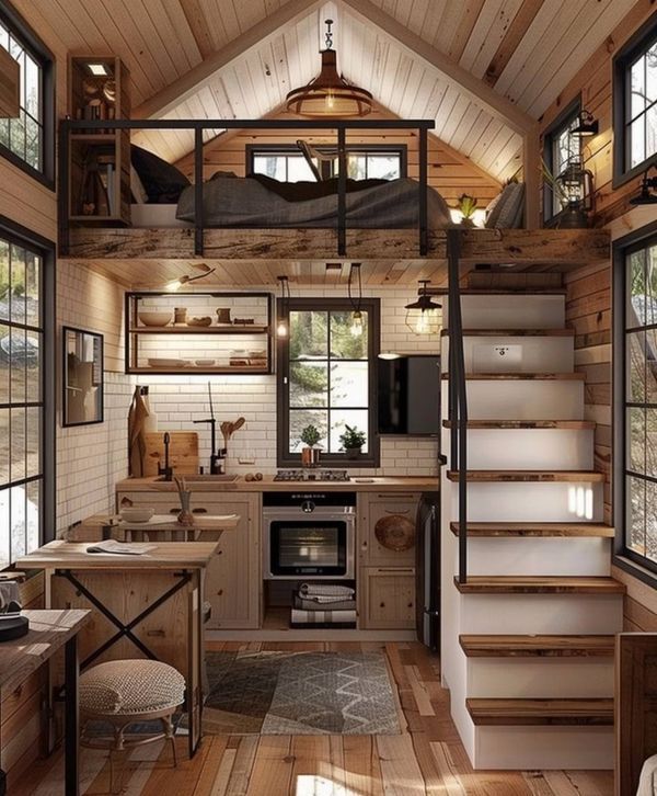 the interior of a tiny cabin with wood flooring and stairs leading up to an upper level loft