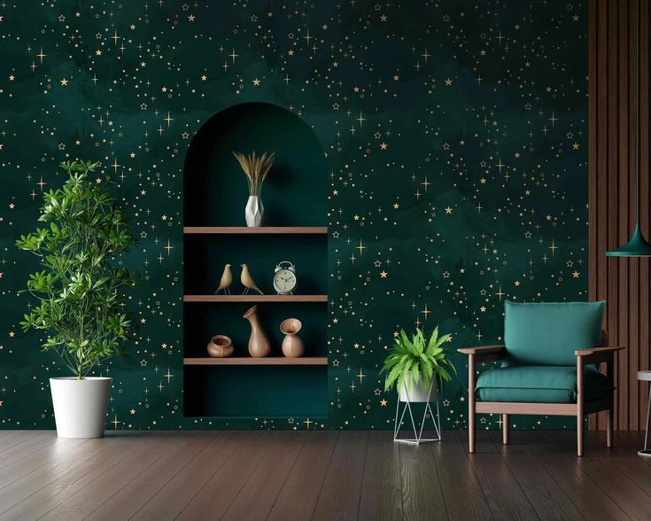 a living room with green walls and stars on the wall, while two chairs sit in front of them