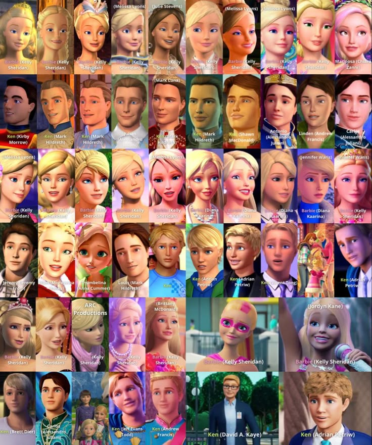 the many faces of people in barbie's movies and tv series, all wearing different outfits