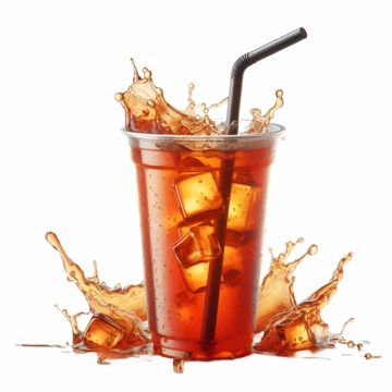 an iced drink with ice cubes and a straw in the middle, on a white background