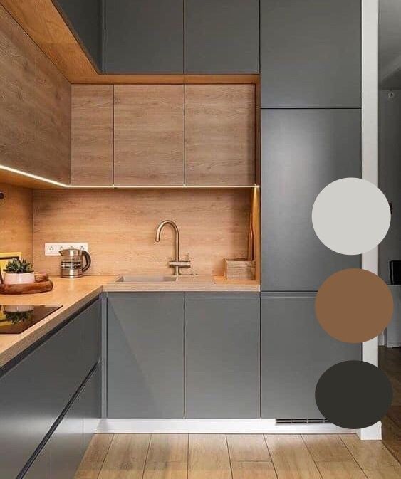 an image of a kitchen setting with wood and grey colors on the cabinets, counter tops and floor