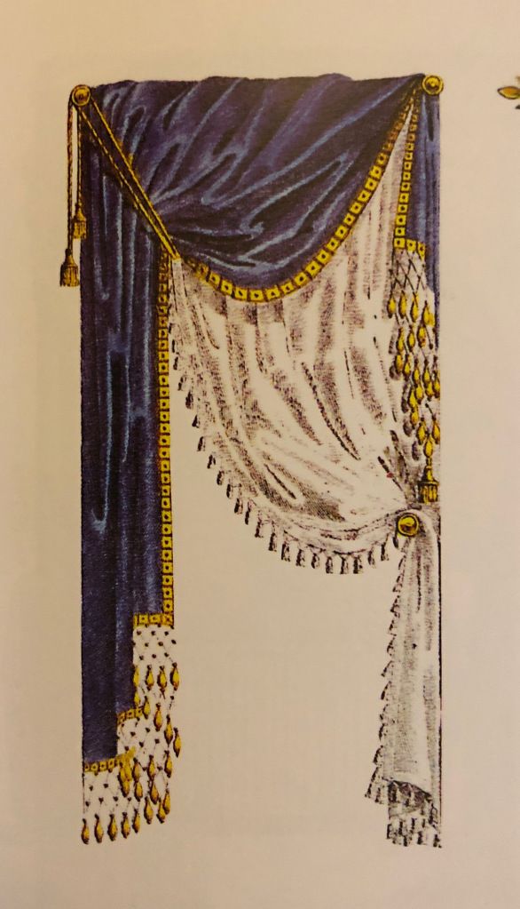 a drawing of a curtain with tassels and beads