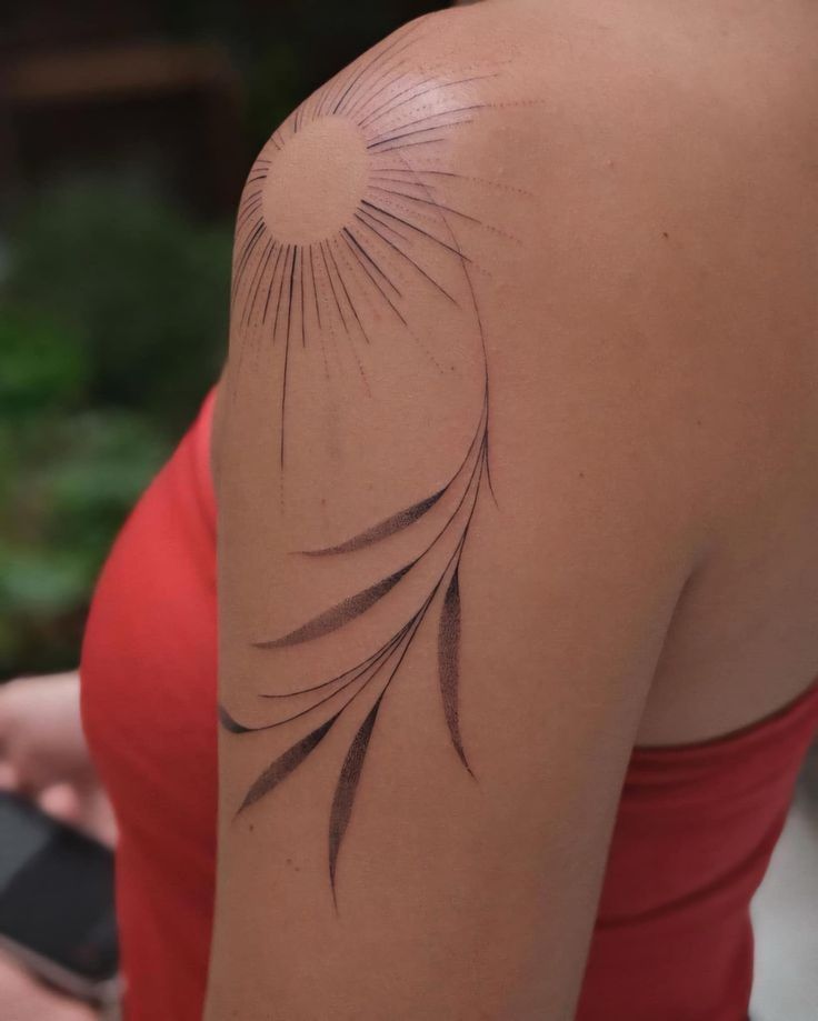 Shoulder And Back Tattoo, Shoulder Sun Tattoo, Sun Shoulder Tattoo, Scientific Tattoo, Rocket Tattoo, Traditional Black Tattoo, Small Neck Tattoos, Beautiful Composition, Tasteful Tattoos