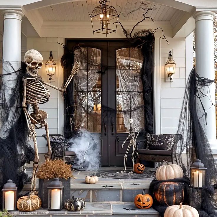 the front porch is decorated for halloween with skeletons and pumpkins