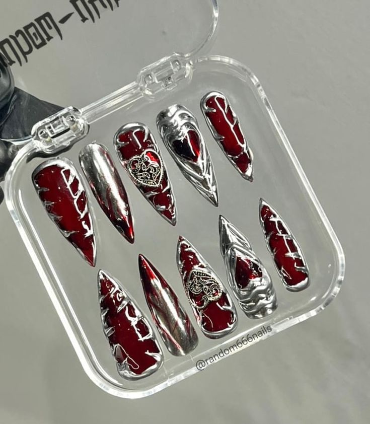 Blood Nail Press, Nails Decorated With Silver Charms, Gothic Crossed Nails, Vampire Red Nails, Dark Red Nails - Etsy Vampire Red Nails, Red Nails Dark, Nails Dark Red, Gothic Nail Art, Blood Nails, Vampire Nails, Nails Dark, Press Nails, Dark Red Nails