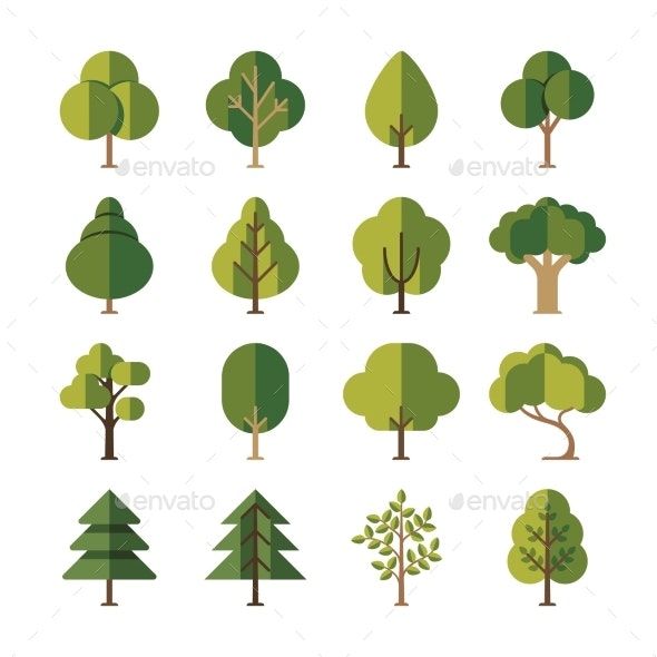 various types of trees are shown in this flat - style illustration, which includes different shapes and sizes