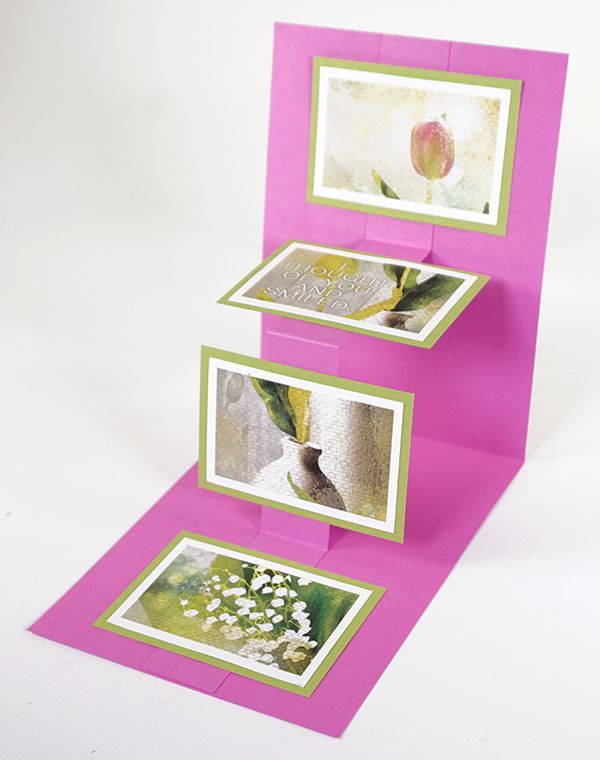 an open pink card with three pictures on the front and one has a flower in it