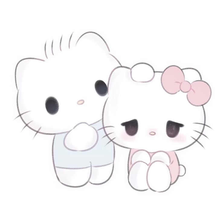 an image of two cute hello kittys on white and pink background, one is holding the other's head