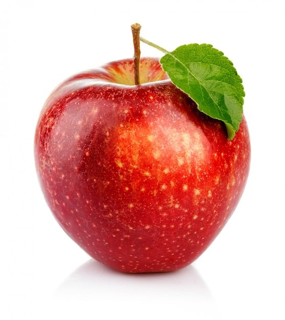 an apple with a green leaf on it's tip is shown in front of a white background