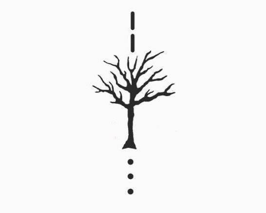 a black and white drawing of a tree with two dots in the bottom right corner