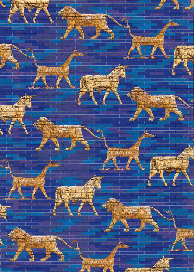 an image of golden animals on blue tiles