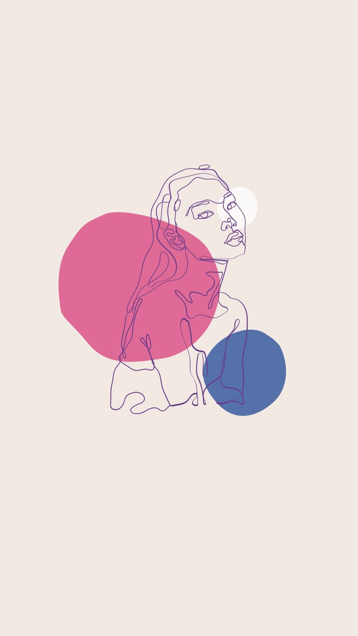 an abstract drawing of a woman holding a blue and pink object in her right hand