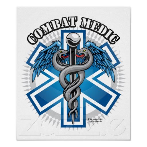 a medical symbol with the words combat medic in blue and white, on a white background