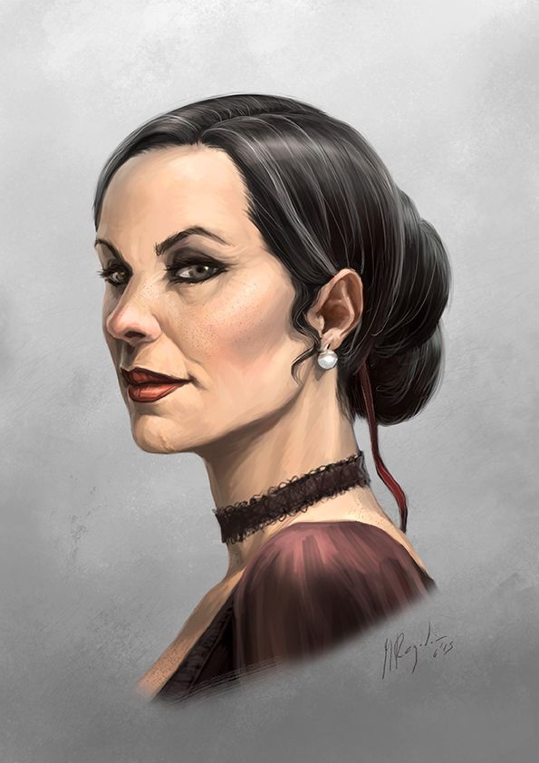 a drawing of a woman with black hair and earrings on her head, wearing a brown dress