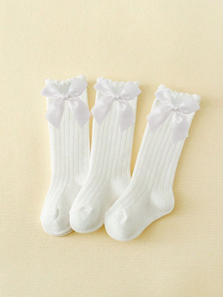 3 Pairs Girls' White High Knee Socks With Bows White    Fabric Plain  Medium Stretch  Baby & Kids' Socks & Tights, size features are:Bust: ,Length: ,Sleeve Length: Cute White School Socks, Cute White Stretch Hosiery, Cute Stretch White Hosiery, White Cotton School Socks, Cute White Stockings For Winter, Cute White Winter Stockings, Cute White Stretch Knee-high Socks, Fitted White Stockings For School, Cute Stretch White Knee-high Socks