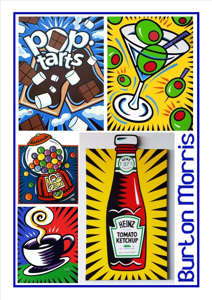 four different paintings with the words pop arts on them and an image of a bottle of ketchup