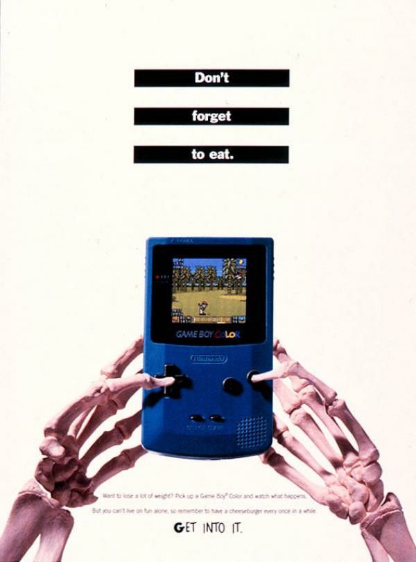 an advertisement for the nintendo game boy with skeleton hands holding up a blue handheld device